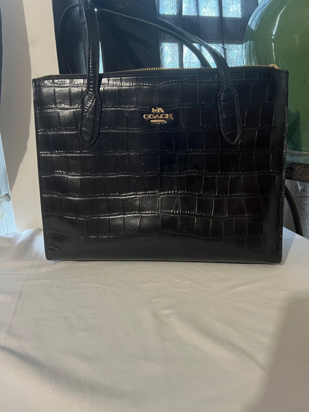 Coach Black Croc-Embossed Leather Tote with Gold Logo